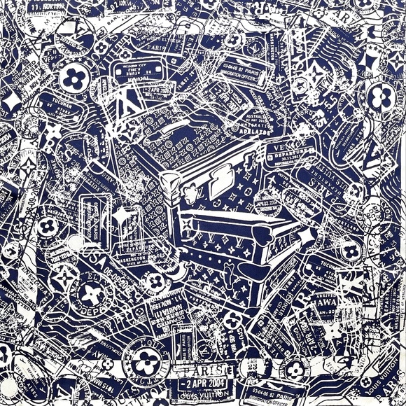 New Louis Vuitton Scarf Luggage Travel Stamps Blue Silk Scarf Wrap - Picture 8 of 14